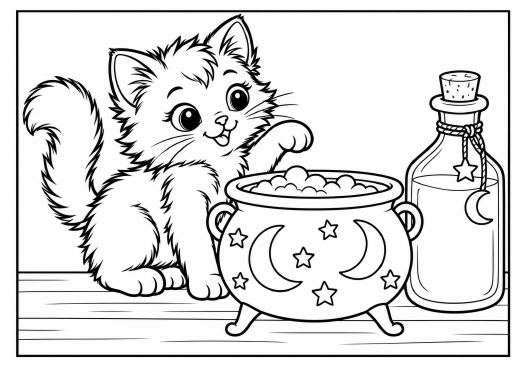 Sample colouring page: a kitten beside a cauldron and a potion bottle