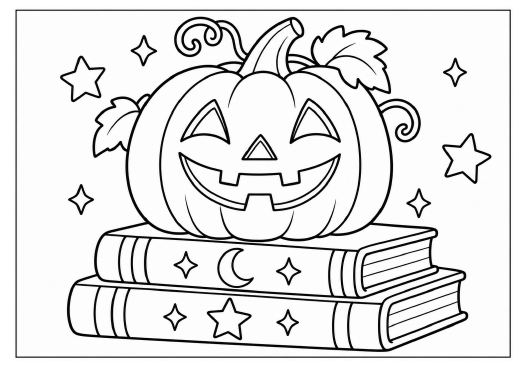 Sample colouring page: a smiling pumpkin on a stack of books